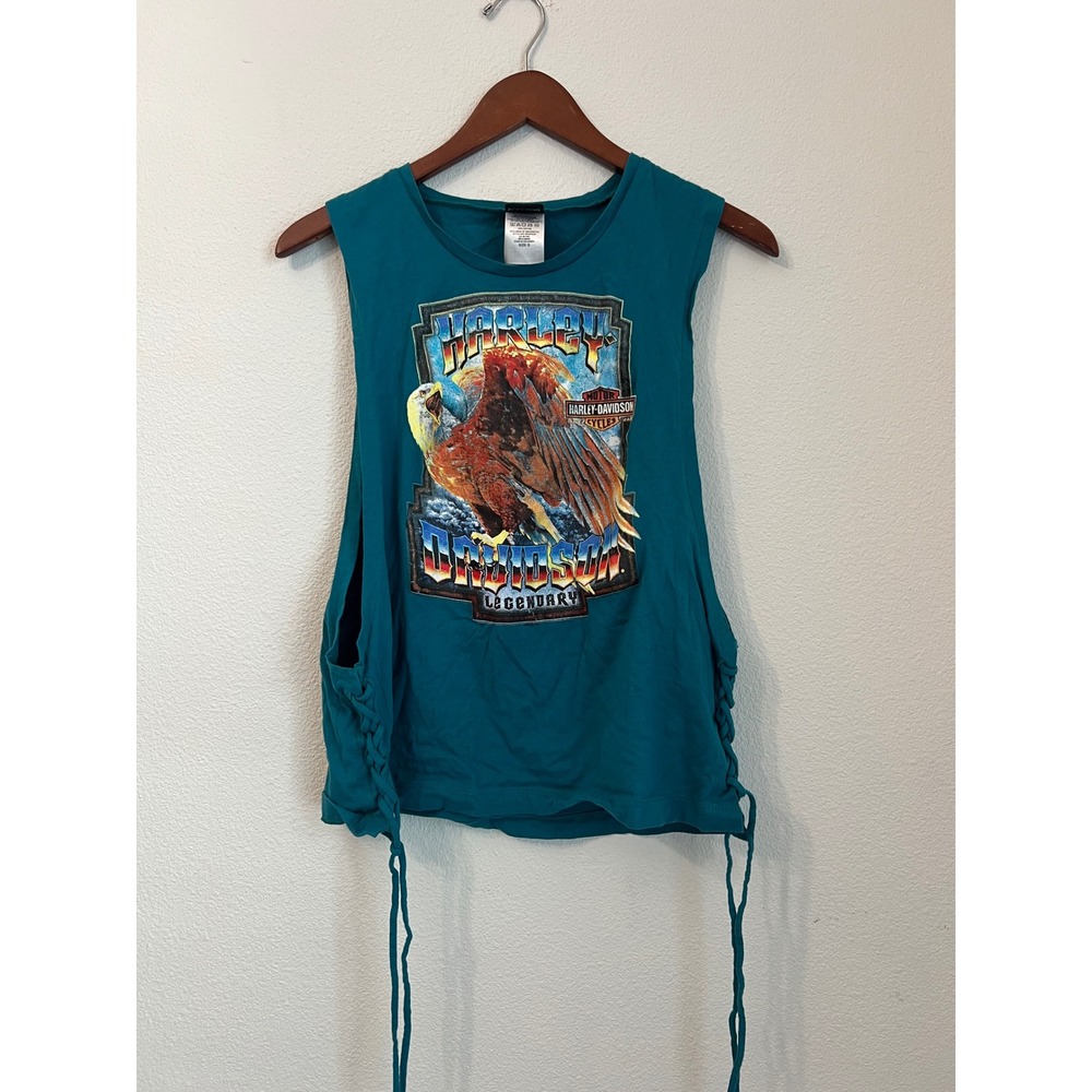 Harley‎ Davidson Legendary Eagle Graphic Tank Top Teal Blue Lace Up Sides